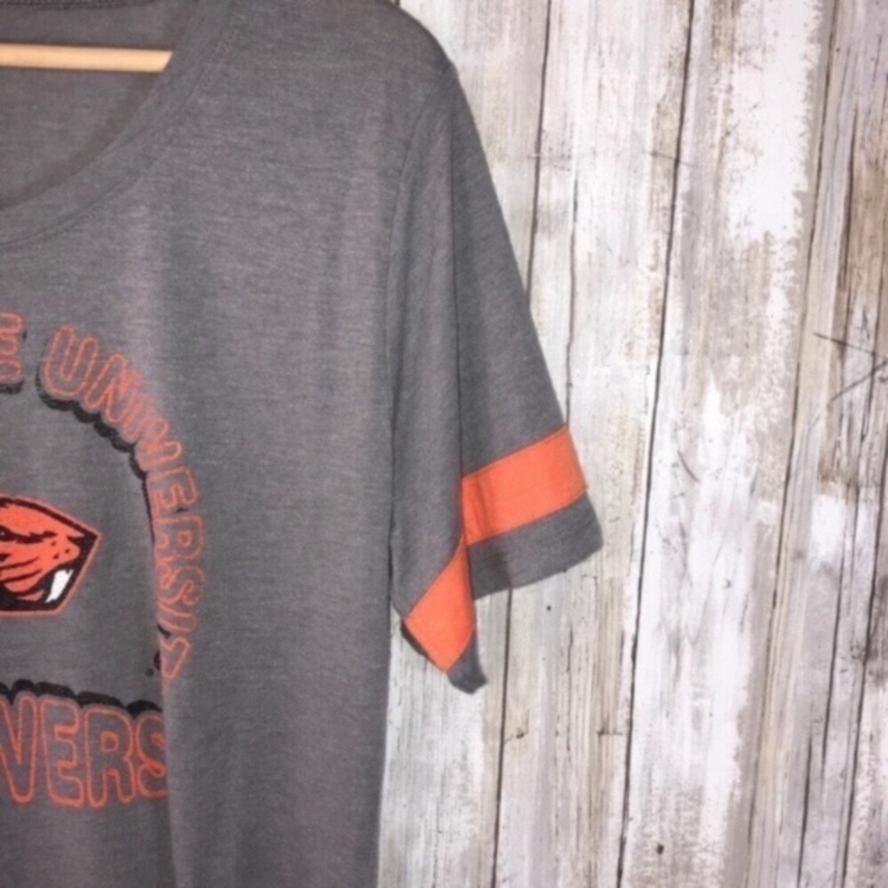 Oregon State Beavers Women’s Large Gray Tee Scoop Neck Striped Sleeve Game Day - Picture 4 of 5